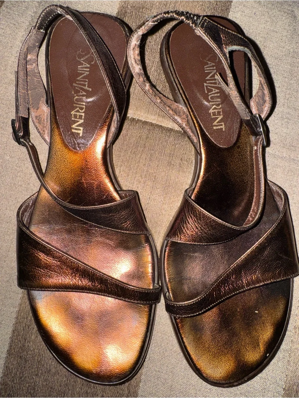Saint Laurent Bronze Metallic Leather Slingback Sandals